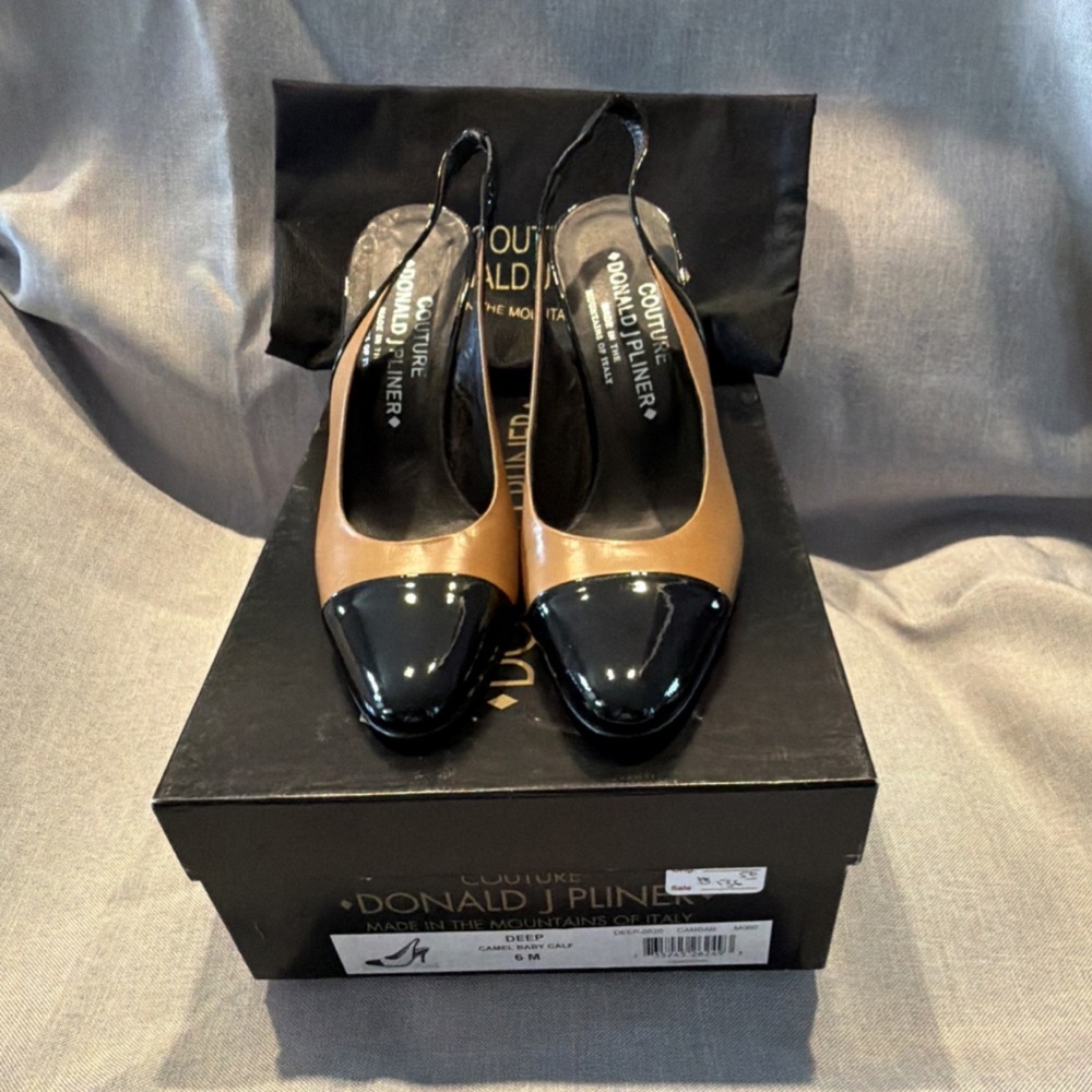 Donald J Pliner Slingback Stiletto Heels Cap Toe Colorblock Camel Black. Y2K
